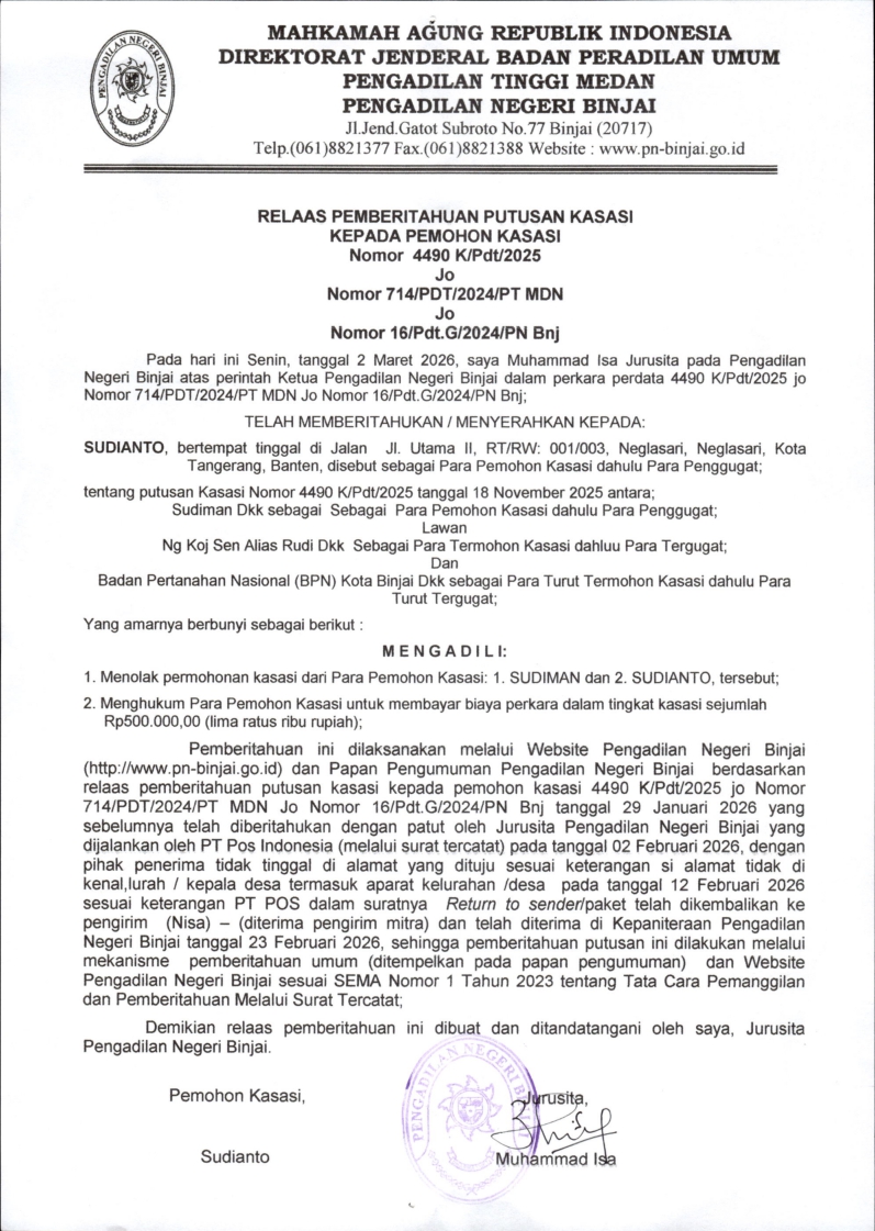 RELAAS PEMBERUTAHUAN PUTUSAN KASASI KEPADA PEMOHON KASASI NOMOR 4490K/Pdt/2025 Jo NOMOR 714/PDT/2024/PT MDN Jo NOMOR 16/Pdt.G/2024/PN Bnj