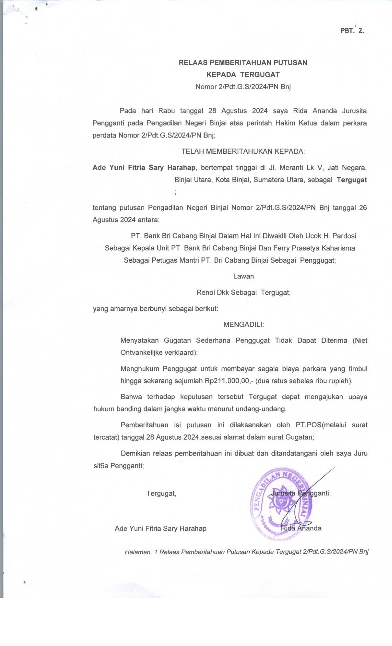 RELAAS PEMBERITAHUAN PUTUSAN KEPADA TERGUGAT PERKARA NOMOR 2/Pdt.G.S/2024/Pn Bnj