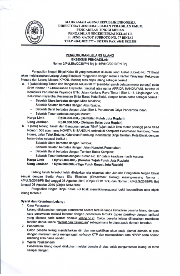 Pengumuman Lelang Ulang Eksekusi Pengadilan Nomor 3/Pdt.Eks/2020/PN Bnj