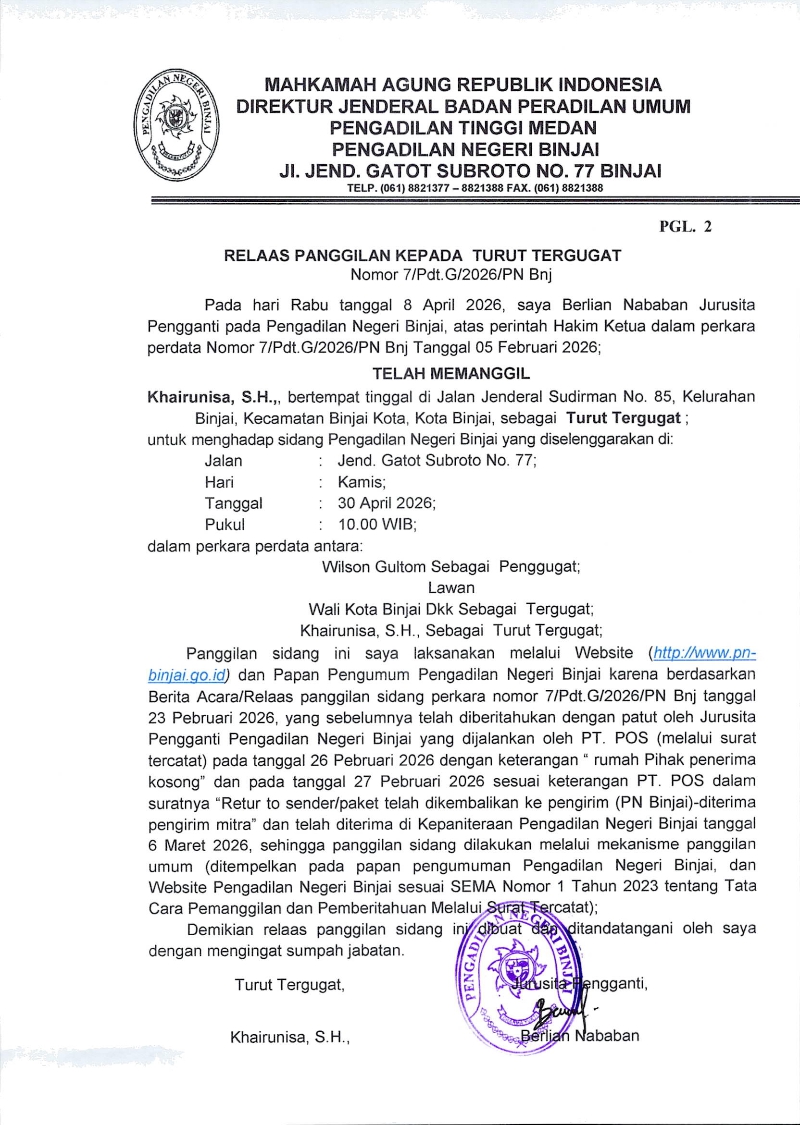 RELAAS PANGGILAN KEPADA TURUT TERGUGAT NOMOR 7/Pdt.G/2026/PN Bnj