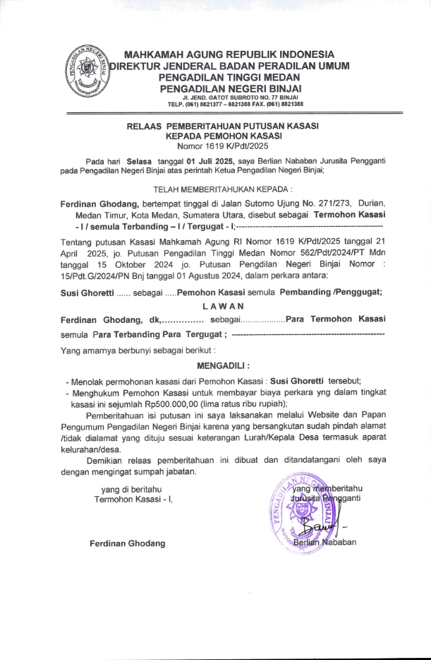 Relaas Pemberitahuan Putusan Kasasi No 1619/ K/Pdt/2025 an Ferdinan Ghodang