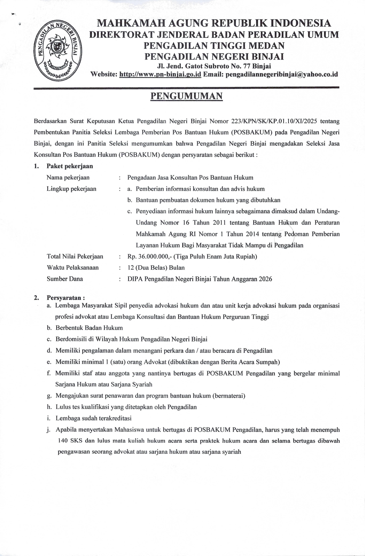 PENGUMUMAN POSBAKUM TAHUN ANGGARAN 2026
