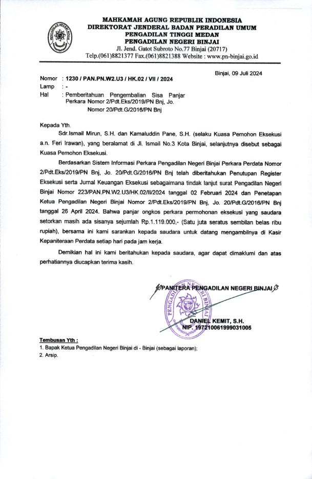 Relaas Pemberitahuan Pemberitahuan Pengembalian Sisa Panjar Perkara No 2/Pdt.Eks/2019/PN Bnj