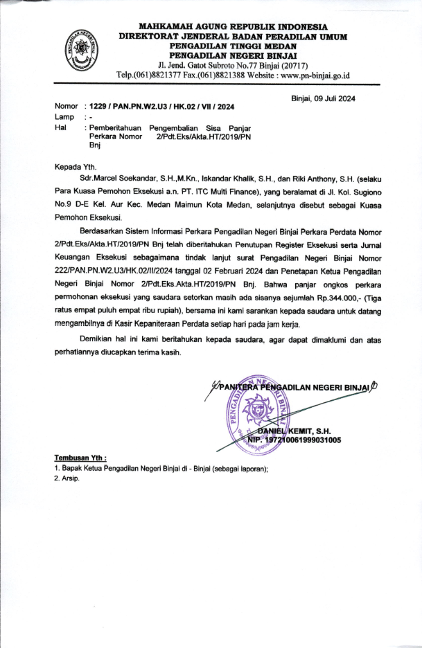 Relaas Pemberitahuan Pengembalian Sisa Panjar Perkara No. 2/Pdt.Eks/Akta.HT/2019/PN Bnj