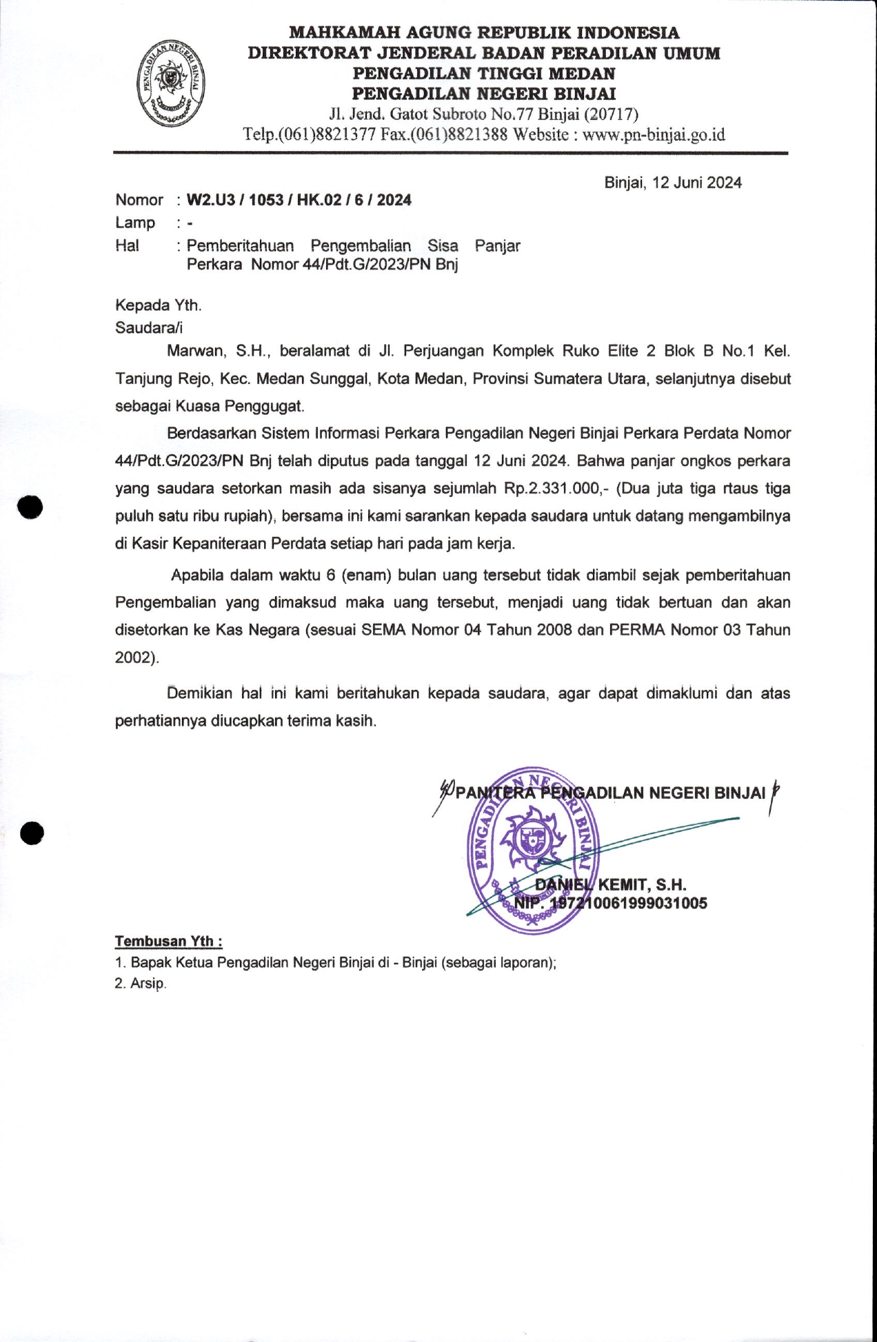 	PEMBERITAHUAN PENGEMBALIAN SISA PANJAR PERKARA NOMOR 44/PDT.G/2023/PN BNJ