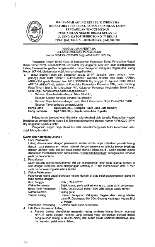 PENGUMUMAN PERTAMA LELANG EKSEKUSI PENGADILAN  Nomor 3/Pdt.Eks/2020/PN Bnj jo 4/Pdt.G/2019/PN Bnj 
