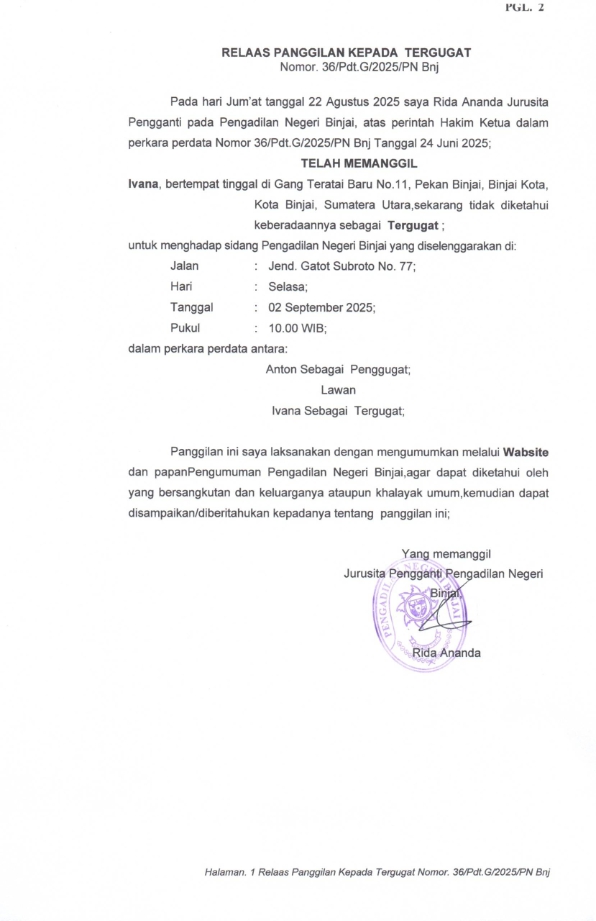 Relaas Panggilan Kepada Tergugat Nomor 36/Pdt.G/2025/PN Bnj