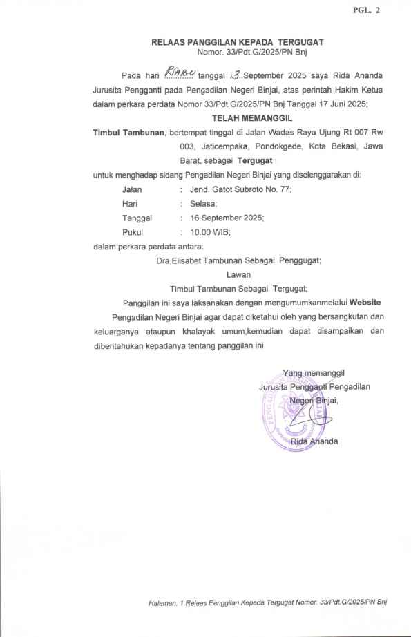 Relaas Panggilan Kepada Tergugat Nomor. 33/Pdt.G/2025/PN Bnj