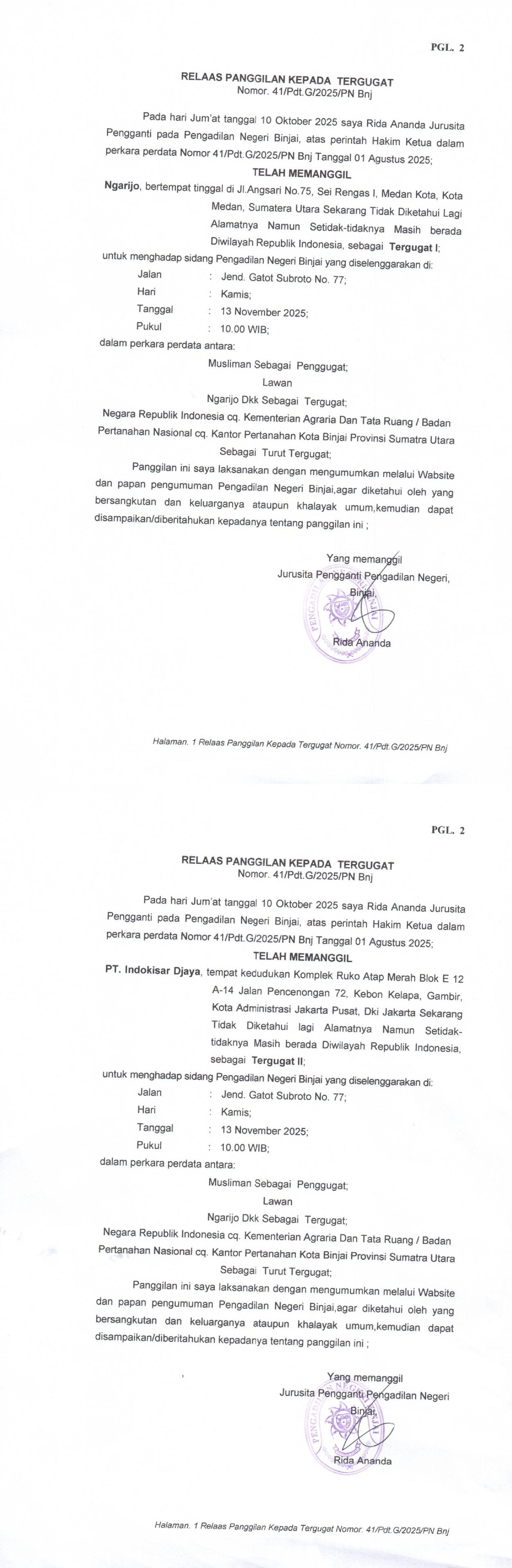RELAAS PANGGILAN KEPADA TERGUGAT Nomor 41/Pdt.G/2025/PN Bnj
