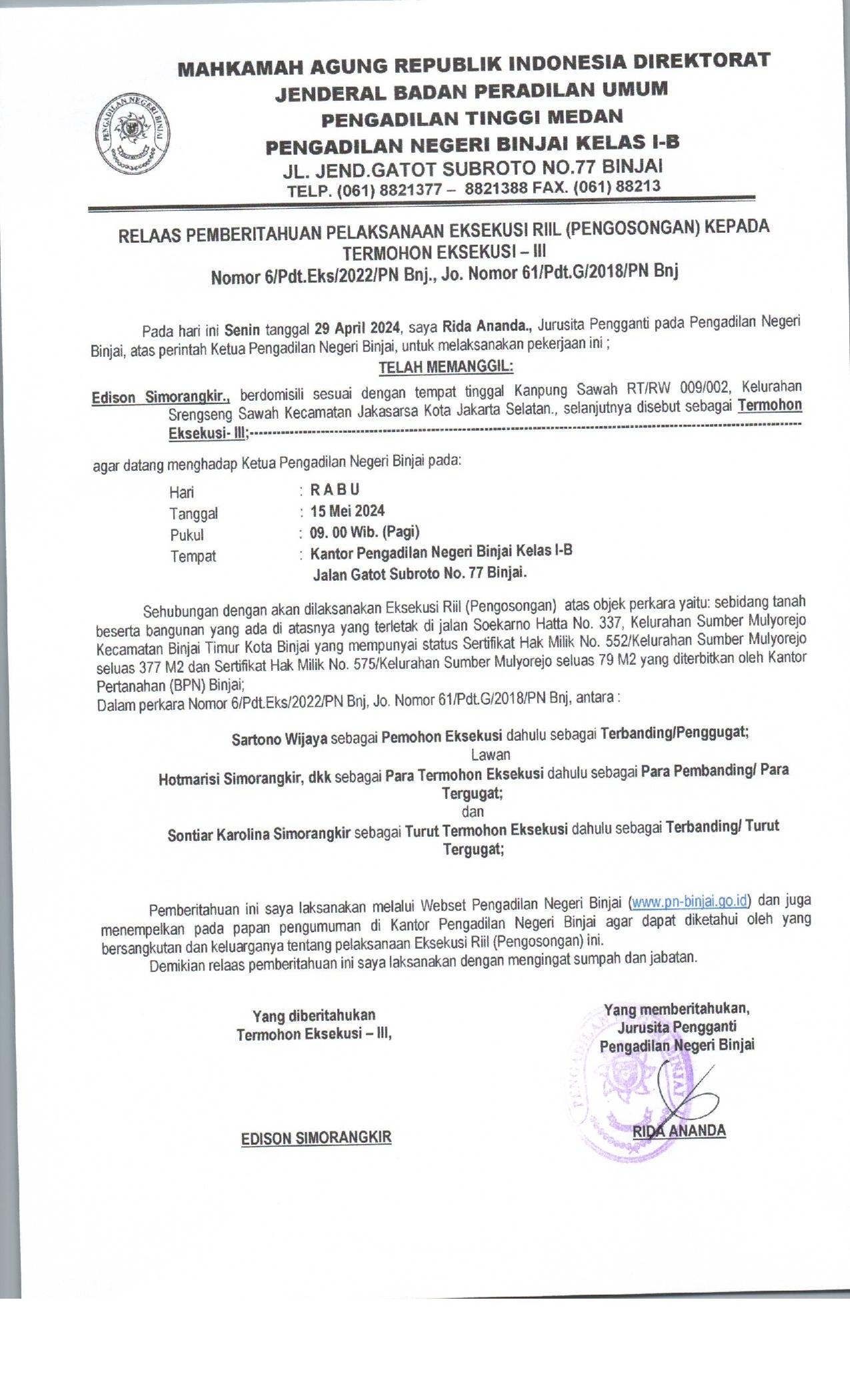 Relaas Pemberitahuan Pelaksanaan Eksekusi RILL AN Edison Simorangkir Nomor 6/Pdt.Eks/2022/PN Bnj., Jo Nomor 61/Pdt.G/2018/PN Bnj 