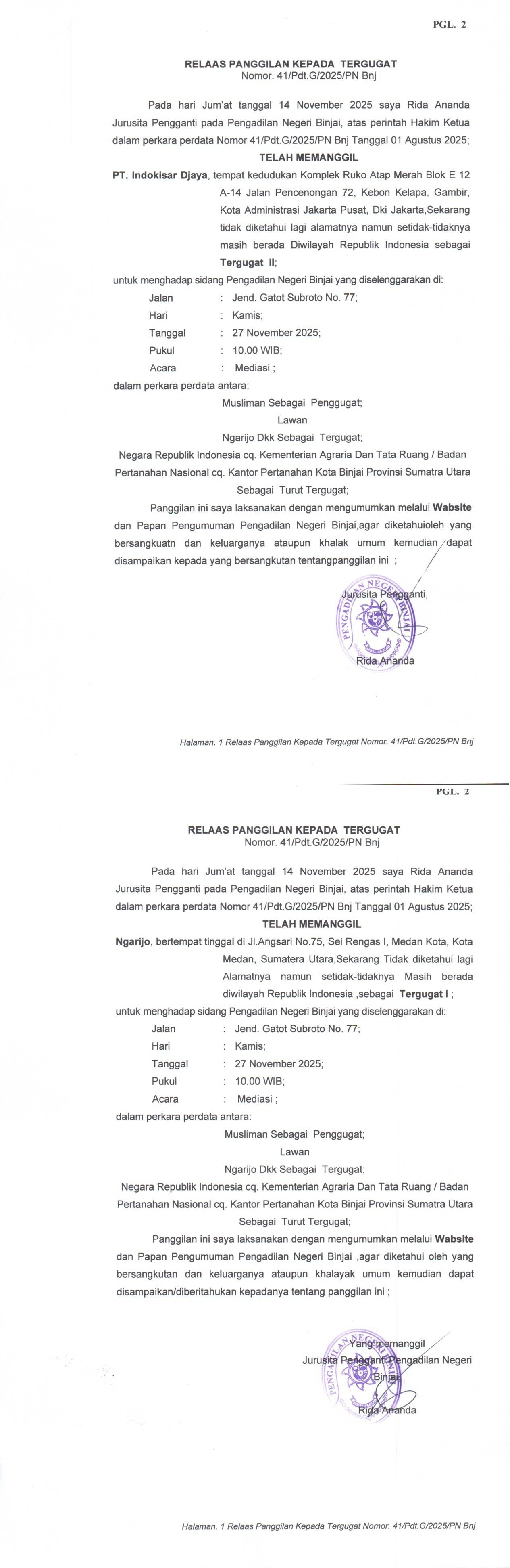 Relaas Panggilan Kepada Tergugat Nomor 41/Pdt.G/2025/PN Bnj (Ngarijo)