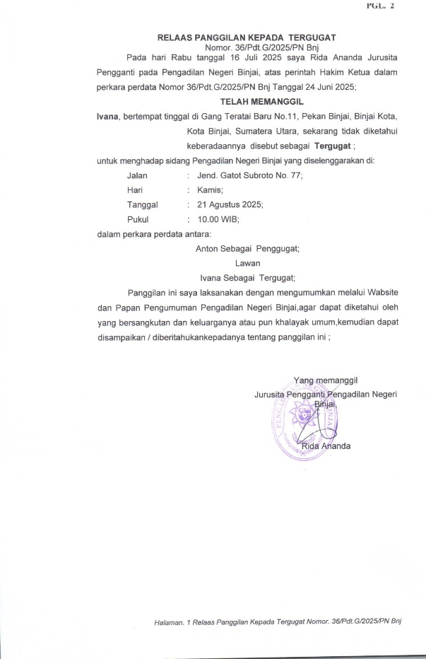 Relaas Panggilan Kepada Tergugat Nomor 36/Pdt.G/2025/PN Bnj