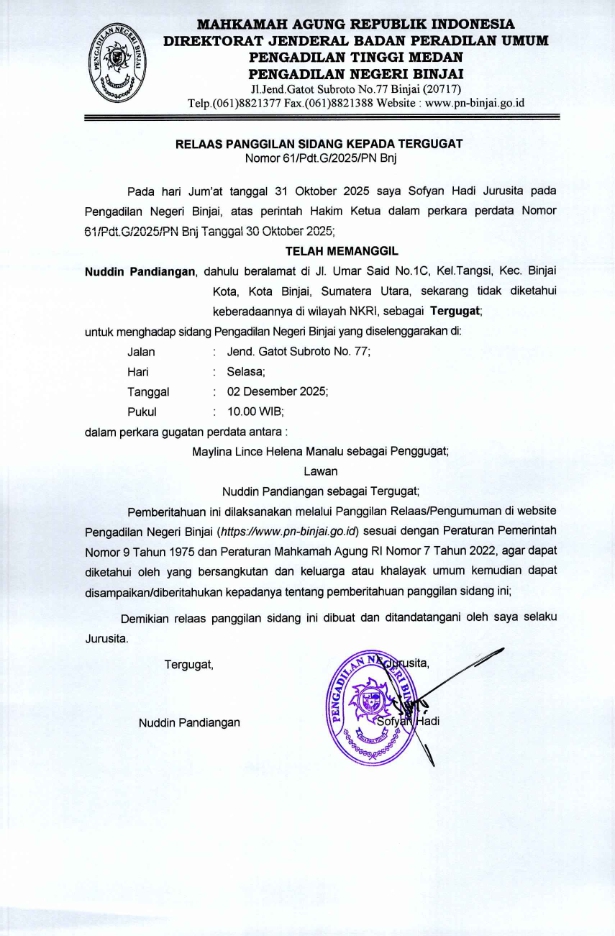 RELAAS PANGGILAN SIDANG KEPADA TERGUGAT Nomor 61/Pdt.G/2025/PN Bnj