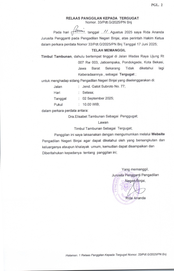 Relaas Panggilan Kepada Tergugat No 33/Pdt.G/2025/PN Bnj