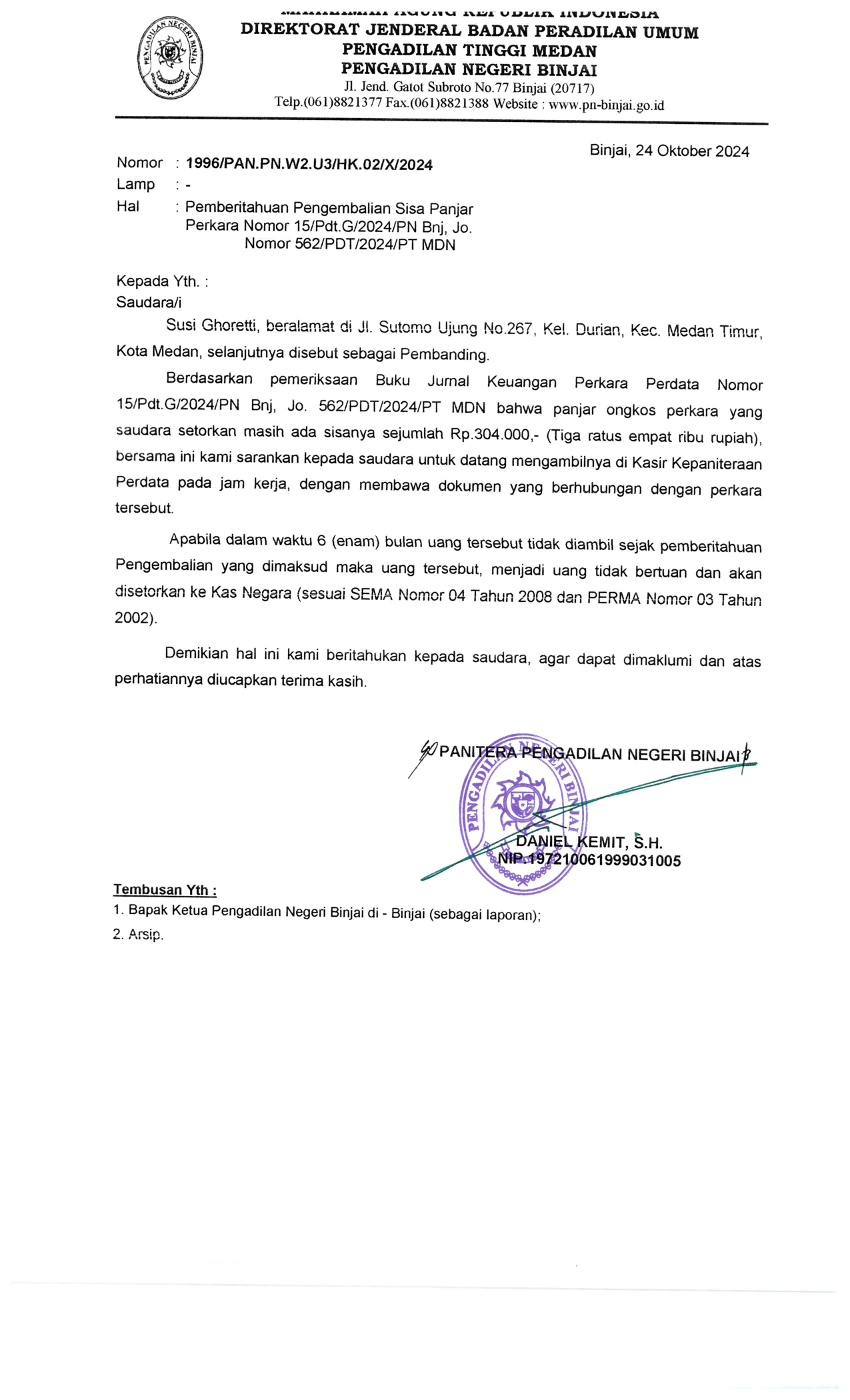 Pemberitahuan Pengembalian Sisa Panjar Perkara Banding No.15/Pdt.G/2024/PN Bnj