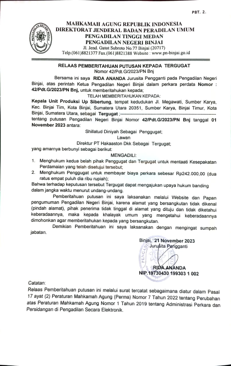 Relaas Pemberitahuan Putusan AN Kepala Unit Produksi Up Sibertung Nomor 42/Pdt.G/2023/PN Bnj