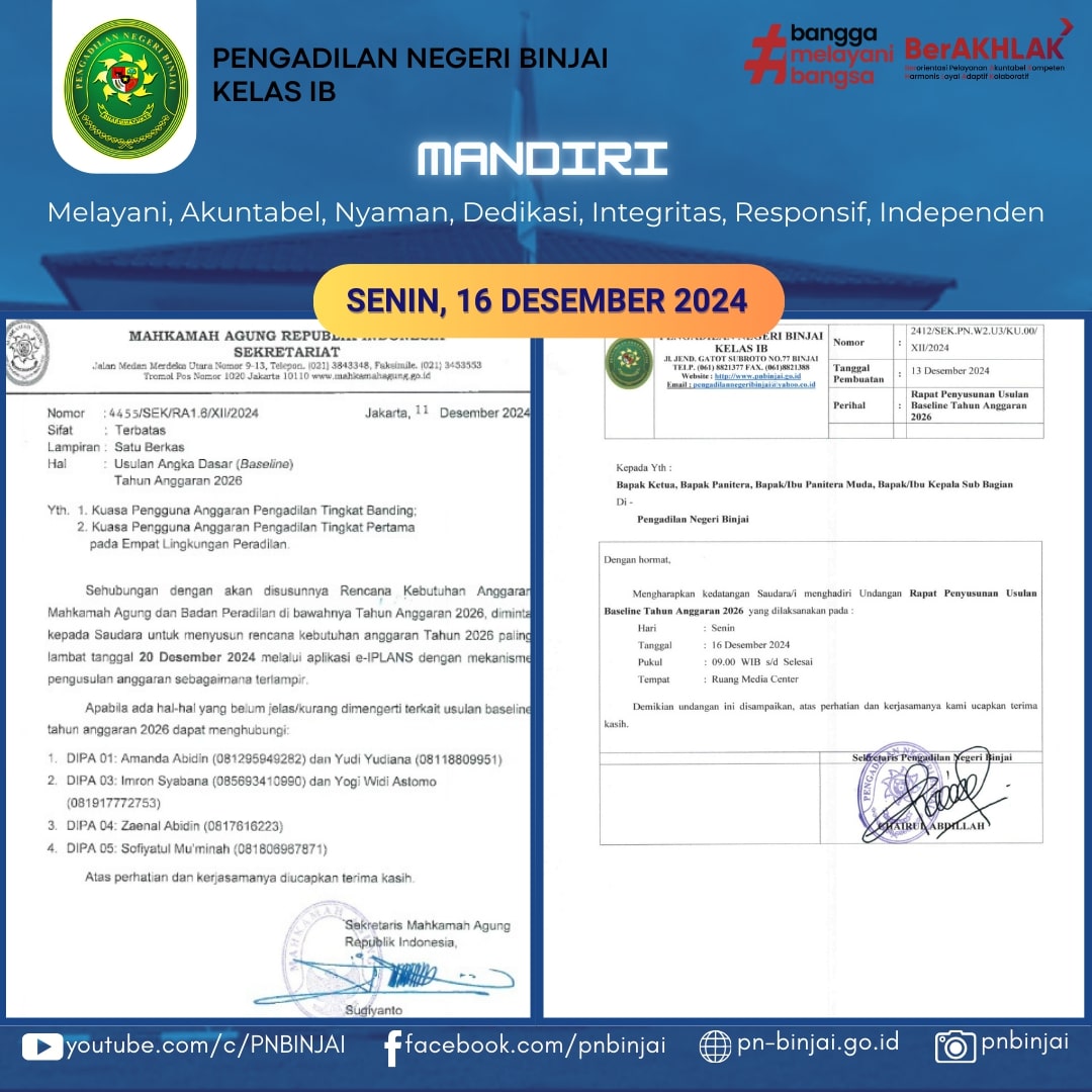 Pengadilan Negeri Binjai Tindak Lanjuti Surat Sekretaris Mahkamah Agung RI Terkait Usulan Angka Dasar Tahun Anggaran 2026