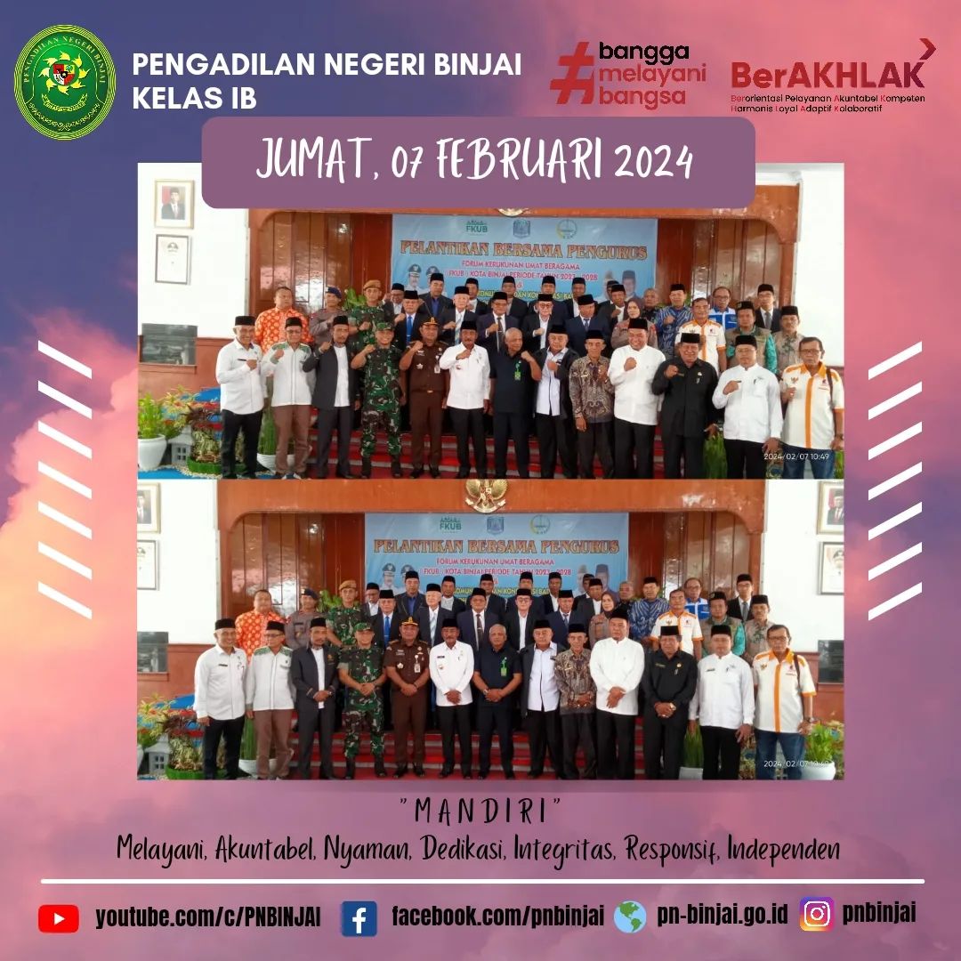 Pelantikan Bersama Pengurus Forum Kerukunan Umat Beragama (FKUB) Kota Binjai Periode Tahun 2023 - 2028