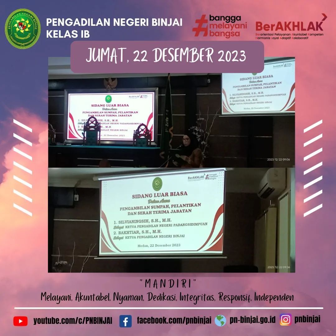 Pengambilan Sumpah, Pelantikan dan Serah Terima Jabatan Bapak Bakhtiar SH., MH sebagai ketua Pengadilan Negeri Binjai