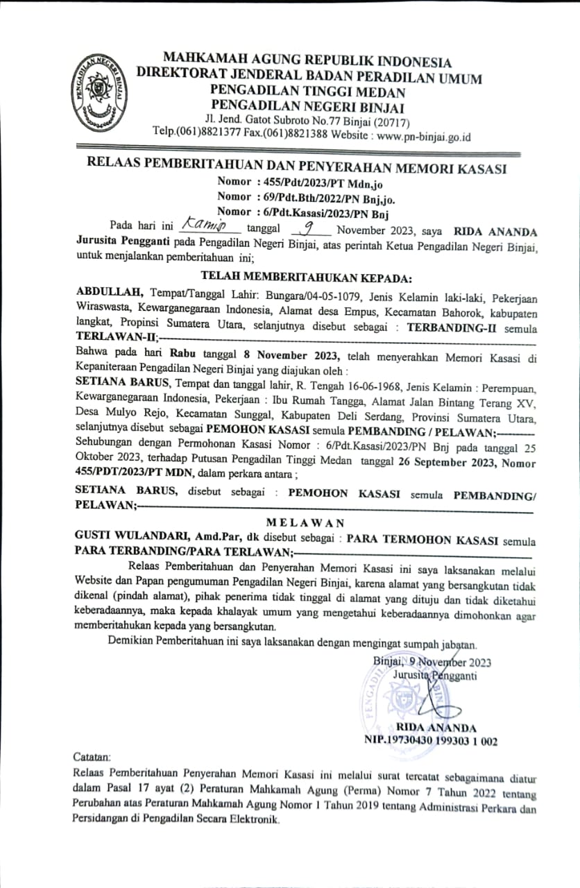 Relaas Pemberitahuan dan Penyerahan Memori Kasasi AN Abdullah 6/Pdt.Kasasi/2023/PN Bnj