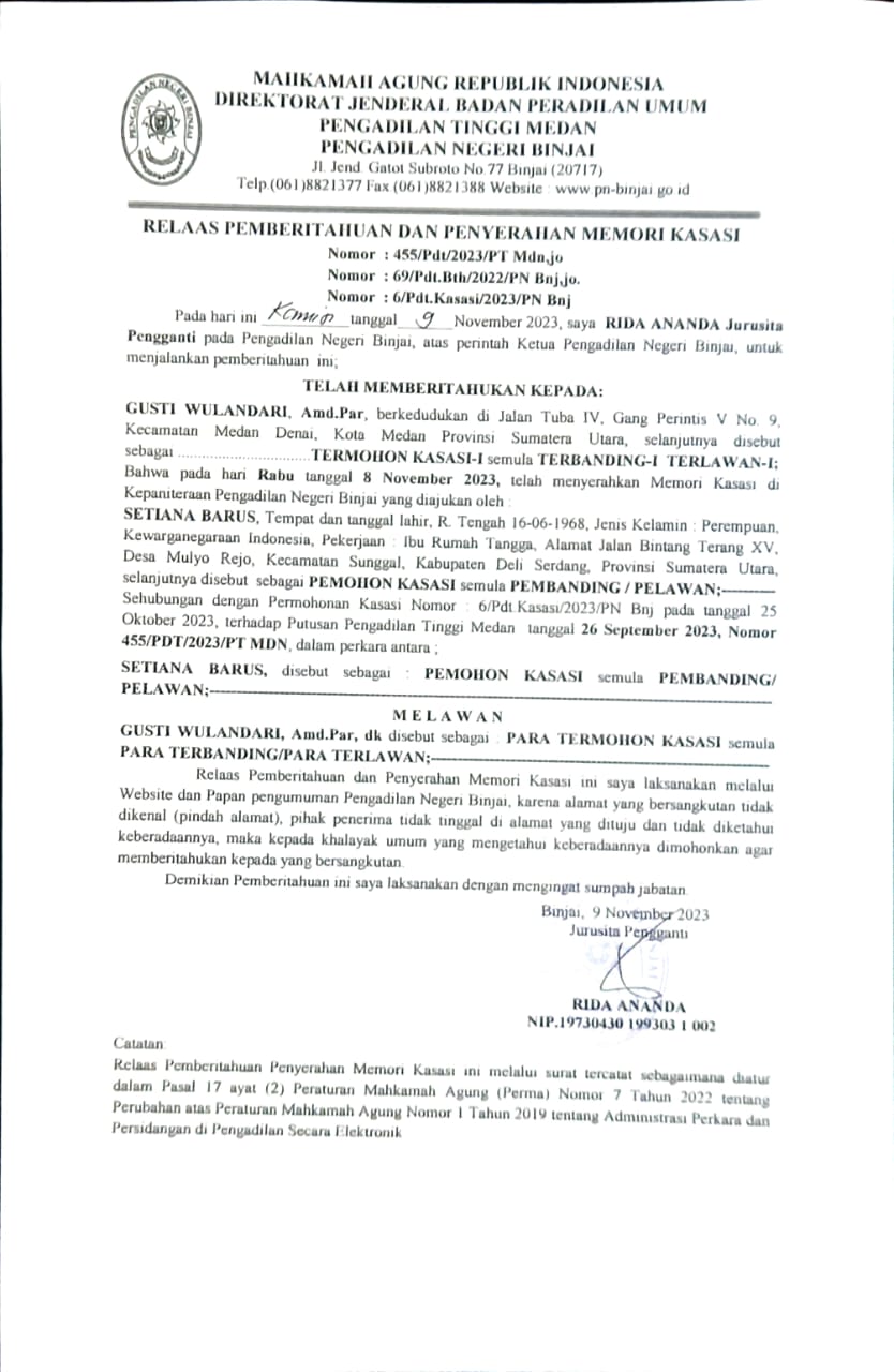 Relaas Pemberitahuan dan Penyerahan Memori Kasasi AN Gusti Wulandari 6/Pdt.Kasasi/2023/PN Bnj