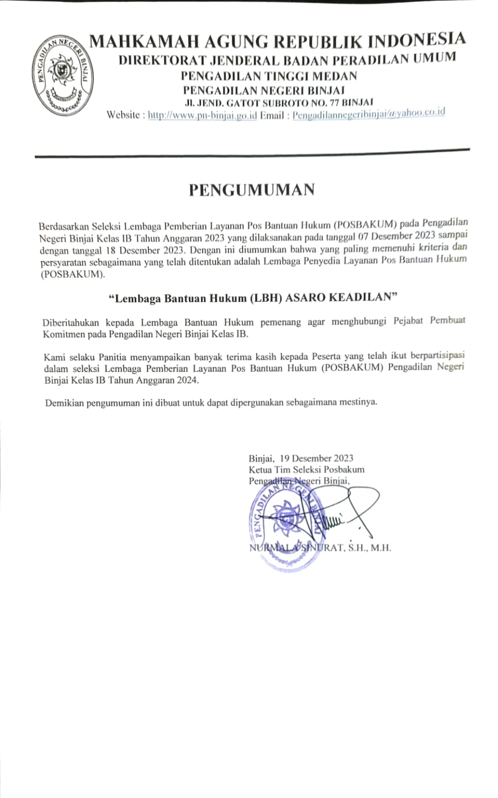 PENGUMUMAN PEMENANG POSBAKUM TAHUN ANGGARAN 2024
