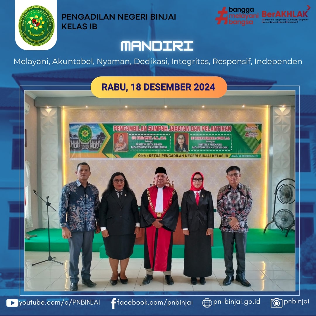 PELANTIKAN PANITERA MUDA PIDANA DAN PANITERA PENGGANTI PADA PENGADILAN NEGERI BINJAI