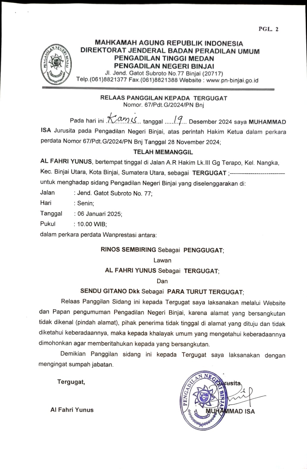 Relaas Panggilan Kepada Tergugat No 67/Pdt.G/2024/PN Bnj