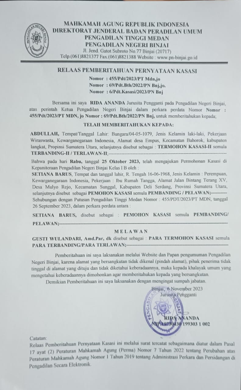 Relaas Pemberitahuan Kasasi AN Abdullah 6/Pdt.Kasasi/2023/PN Bnj