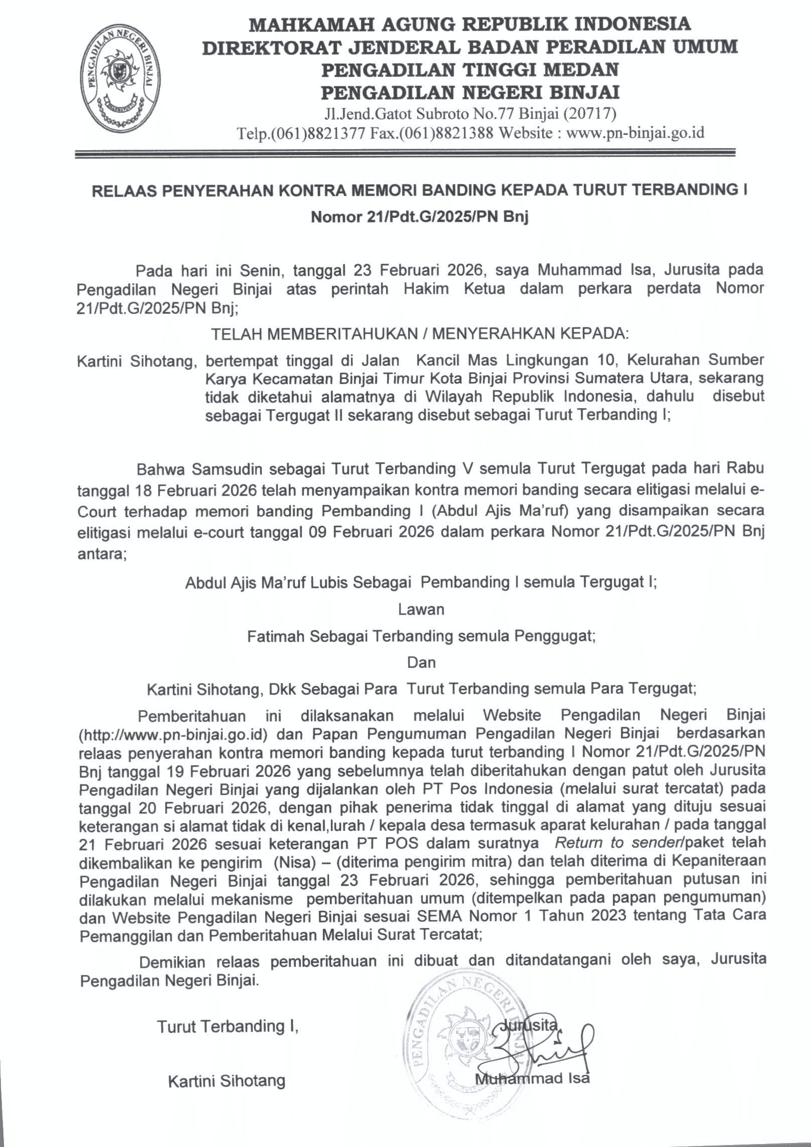 RELAAS PENYERAHAN KONTRA MEMORI BANDING KEPADA TURUT TERBANDING I NOMOR 21/Pdt.G/2025/PN Bnj