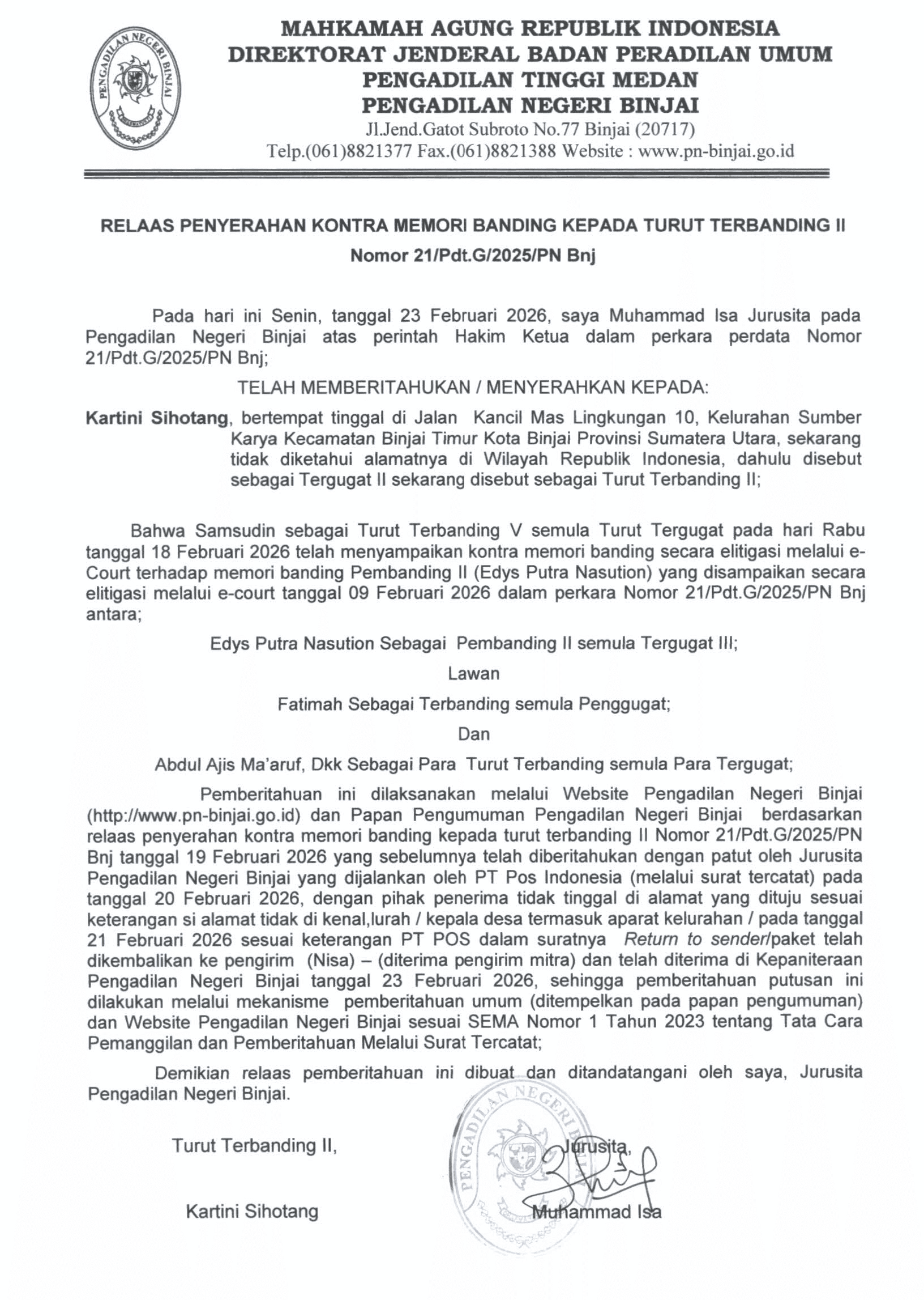 RELAAS PENYERAHAN KONTRA MEMORI BANDING KEPADA TURUT TERBANDING II NOMOR 21/Pdt.G/2025/PN Bnj