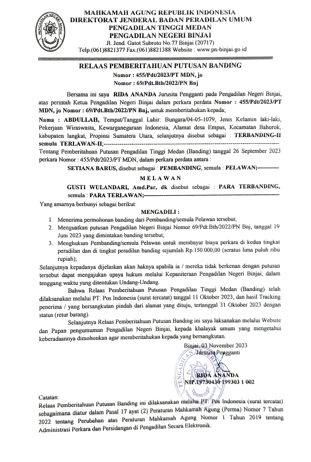 Relass Pemberitahuan Putusan Banding AN Abdullah 455/Pdt/2023/PT MDN