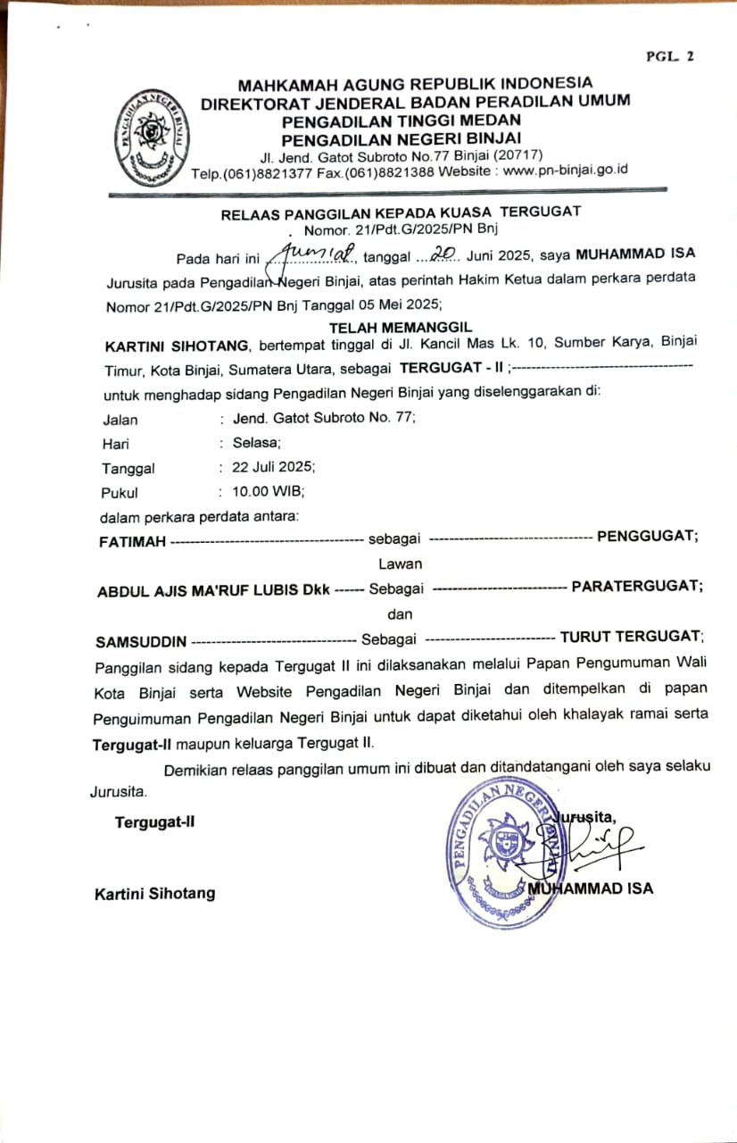 Relaas Panggilan Kepada Kuasa Tergugat Nomor 21/Pdt.G/2025/PN Bnj
