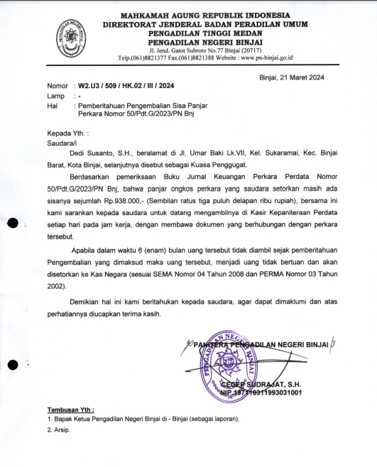 Relaas Pemberitahuan Putusan AN Dedi Susanto Nomor 50/Pdt.G/2023/PN Bnj